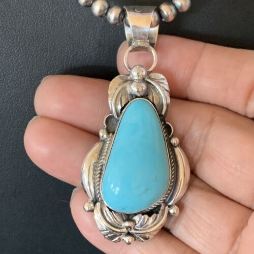 Men's Navajo Pearls Necklace with Blue Kingman Turquoise Pendant | Sterling Silver | Native American Handmade | 12592