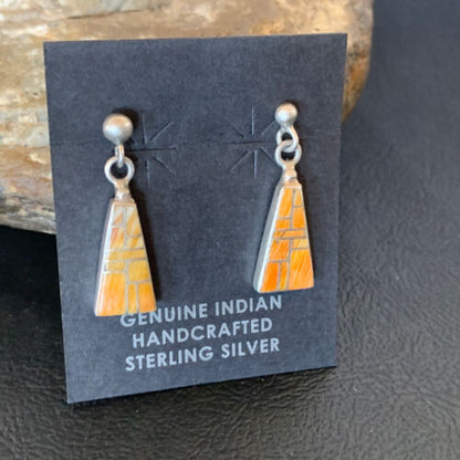 Navajo Orange Spiny Oyster Inlay Earrings | Sterling Silver | Authentic Native American Handmade | 12677