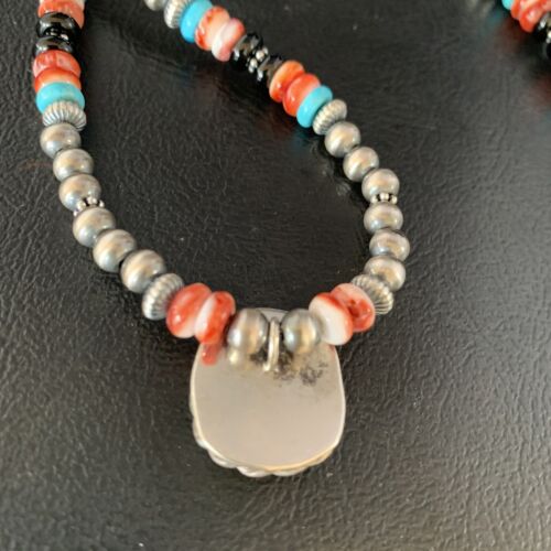 Authentic Navajo Sterling Silver Necklace | Turquoise & Onyx Multi-Color Inlay Pendant | Native American Jewelry | 13558