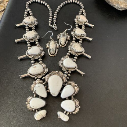 Navajo White Buffalo Turquoise Sterling Squash Blossom Necklace | Naja Pendant | 10957