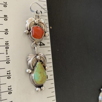 Navajo Green Royston Turquoise & Red Coral Dangle Earrings | Sterling Silver | Native American Handmade | 12354
