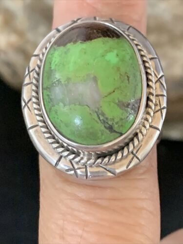 Native American Green Gaspeite Ring | Navajo Sterling Silver | Sz 8.5 | 13779