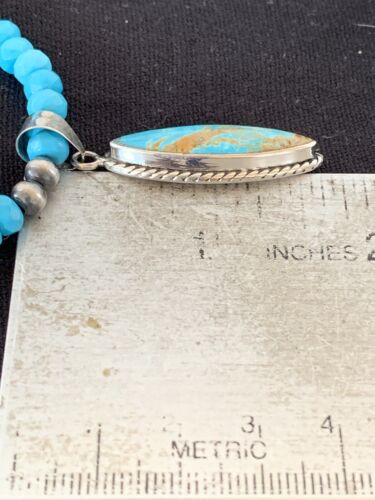 Navajo Blue Faceted Turquoise Pendant Necklace | Sterling Silver | Authentic Native American Handmade | 563 - Masha USA