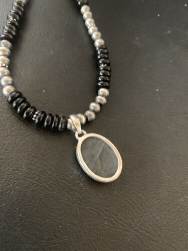 Native American Men's Navajo Pearl Necklace Pendant | Sterling Silver Black Onyx | 11905