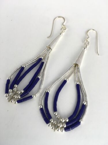 Navajo Lapis Lazuli Heishi Tube Dangle Earrings | Sterling Silver | 2" | 8876