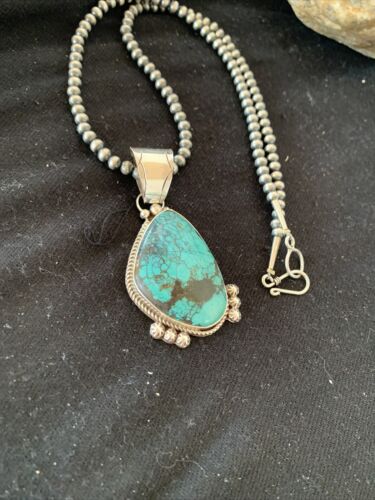 Navajo Pearls Necklace with Spiderweb Turquoise Pendant | Sterling Silver | Authentic Native American Handmade | 00810