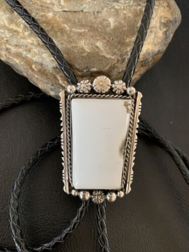 Men's Bolo Tie | White Buffalo Turquoise | Sterling Silver | Navajo | Authentic Native American Handmade | 12906