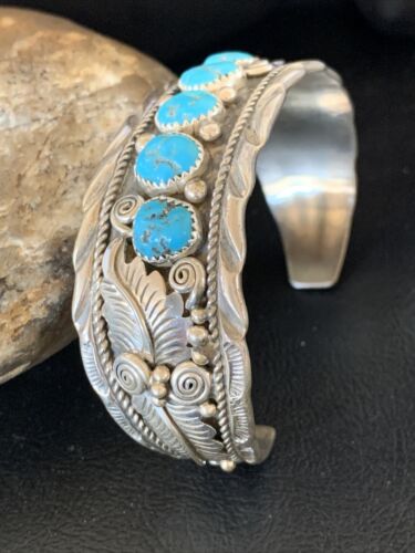Navajo Sterling Silver Blue Kingman Turquoise Cuff Bracelet | 5 Stone | Authentic Native American Handmade | 12161