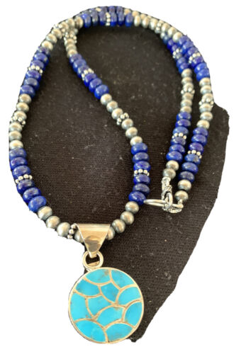 Navajo Sterling Silver Lapis Blue Turquoise Inlay Pendant Necklace | Authentic Native American Handmade | 1172