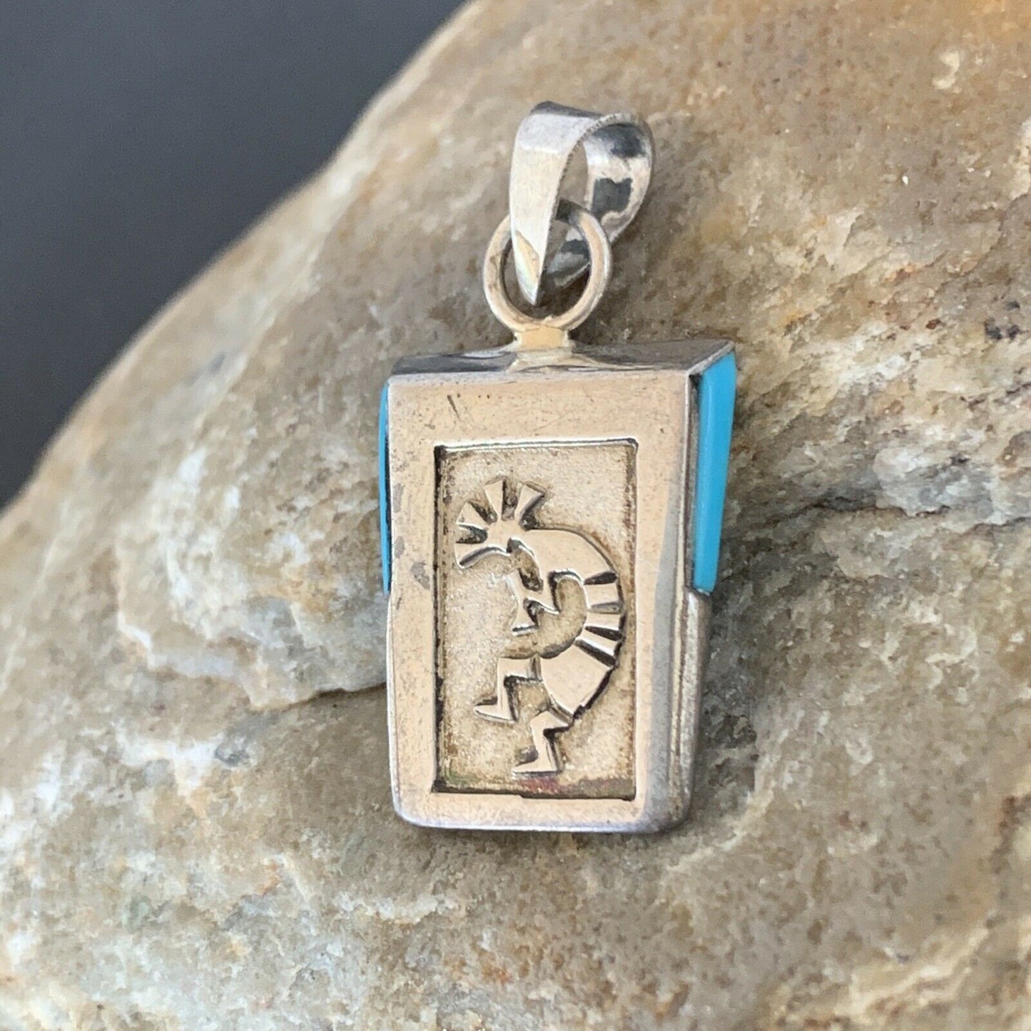 Navajo Kokopelli Stamp Turquoise Pendant | Sterling Silver | Authentic Native American Handmade | 10959