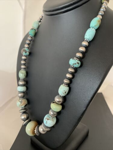 Sterling Silver Navajo Pearls Necklace | Dry Creek Turquoise Beads | Native American Handmade |21" | 01387