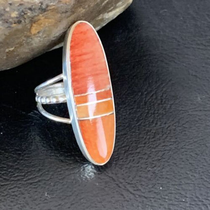 Navajo Red Spiny Oyster Inlay Ring | Sterling Silver | Sz 5 | Authentic Native American Handmade | 11585
