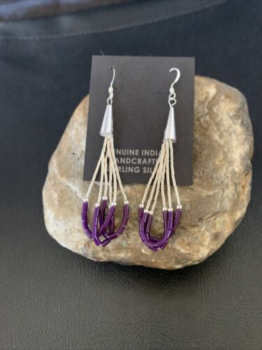 Handmade Liquid Silver Heishi Tube Beads Sugilite Earrings | Sterling Silver | 2" | 13048