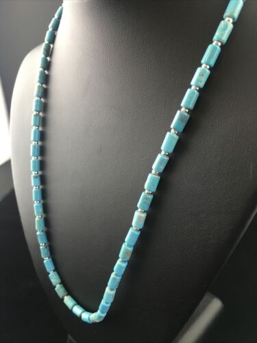 Native American Blue Turquoise Tube Necklace | Sterling Silver | 20" | 10009 - Masha USA