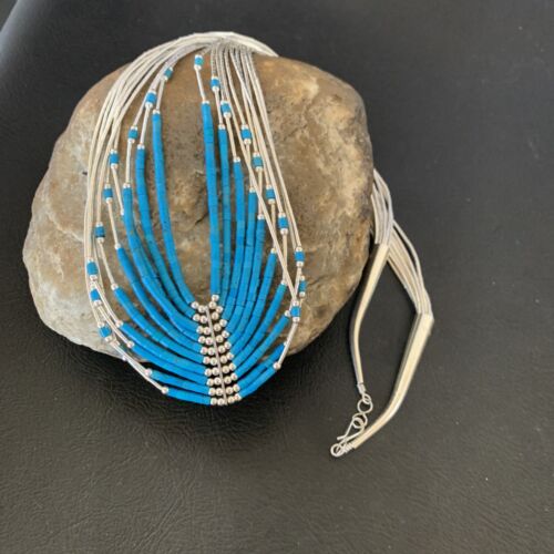 Liquid Silver Heishi 10-Strand Necklace | Sterling Silver Pendant with Turquoise | 12295