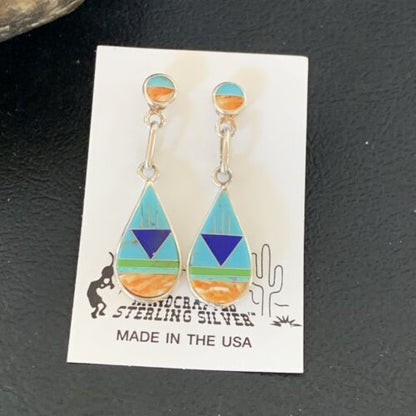 Navajo Multi-Color Turquoise Spiny Opal Inlay Earrings | Sterling Silver | 1.5" | 12010