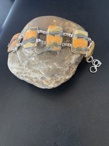 USA Navajo Sterling Silver 5 Stone BUMBLEBEE Jasper Link Bracelet 7.5" 11654