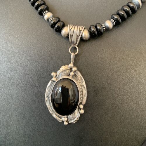 Native American Men's Navajo Pearl Necklace Pendant | Sterling Silver Black Onyx | 10805