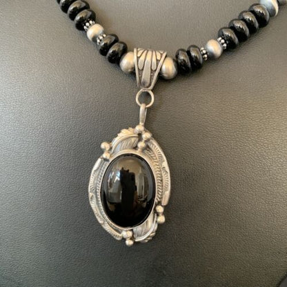Native American Men's Navajo Pearl Necklace Pendant | Sterling Silver Black Onyx | 10805