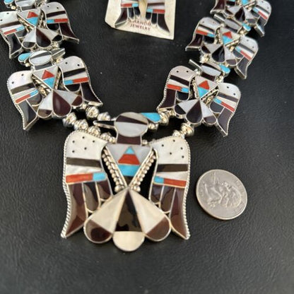 Zuni Thunderbird Turquoise Mother of Pearl Sterling Squash Blossom Necklace | Native American | 14442