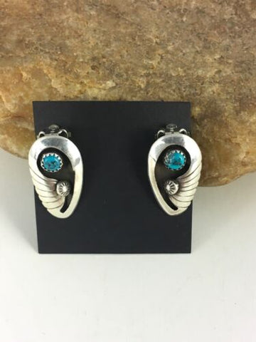 Native American Blue Turquoise Clip-On Navajo Sterling Silver Old Pawn Earrings 8864