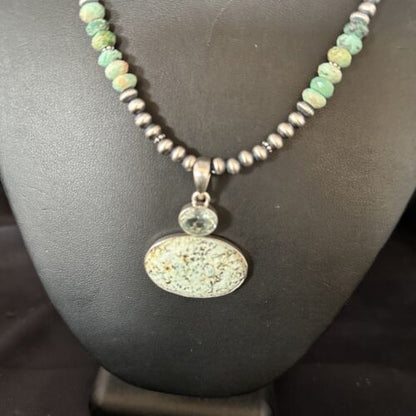 Navajo Sea Green Turquoise Multi-Stone Pendant Necklace | Authentic Native American Sterling Silver | 21" | 14477