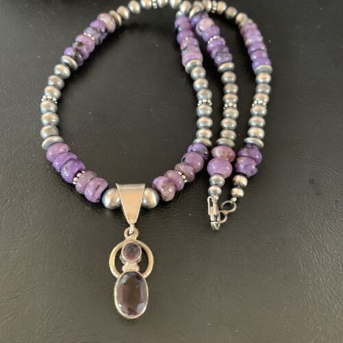 Navajo Purple Charoite and Amethyst Pendant Necklace | Authentic Native American Sterling Silver | Multi-Stone | 22" | 13412