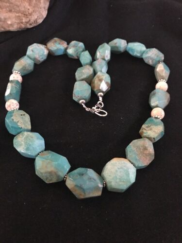 Chunky Turquoise Men's Necklace | Sterling Silver Faceted | Southwestern Navajo | 21" |  8140