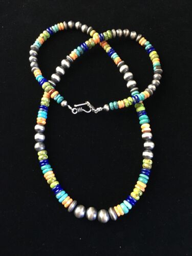 Navajo Orange Spiny Oyster Necklace | Sterling Silver Pearls | 21" | Authentic Native American Handmade | 1763