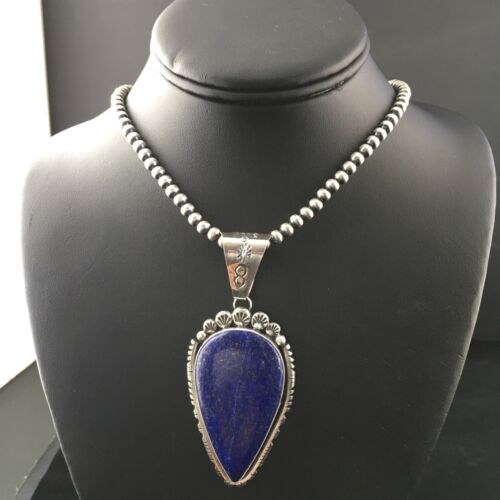 Native American Men's Navajo Pearls Necklace Pendant | Sterling Silver | Blue Lapis | 10081