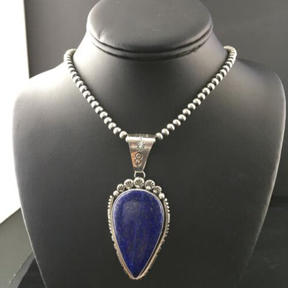 Native American Men's Navajo Pearls Necklace Pendant | Sterling Silver | Blue Lapis | 10081