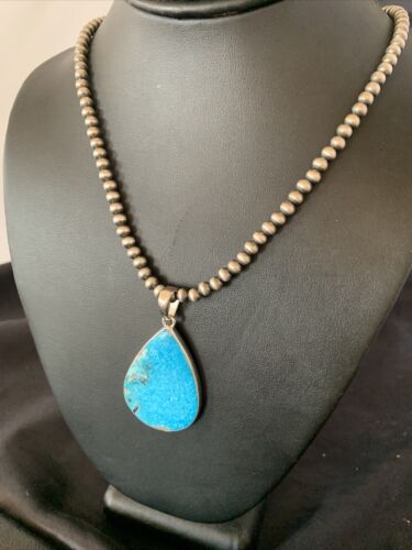 Navajo Pearls Blue Kingman Turquoise Necklace Pendant | Sterling Silver | Authentic Native American Handmade | 11809
