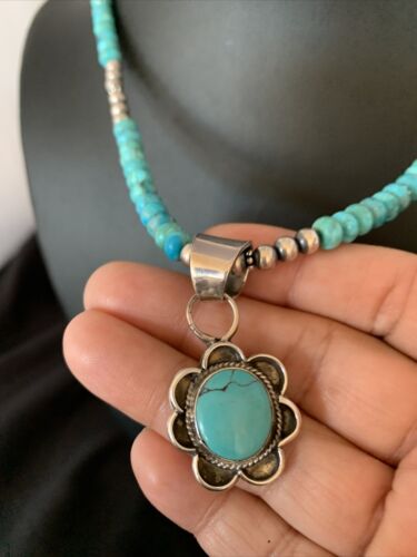 Navajo Blue Turquoise Pendant Necklace | Sterling Silver Pearls | Authentic Native American Handmade | 13218