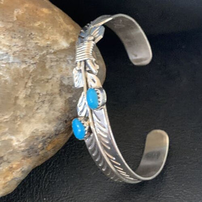 Navajo Blue Kingman Turquoise Cuff Bracelet | Sterling Silver | Authentic Native American Handmade | 12877 - Masha USA