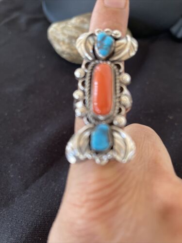Navajo Kingman Turquoise & Coral Ring | Authentic Native American Sterling Silver | Multi-Stone | Sz 10 | 1292