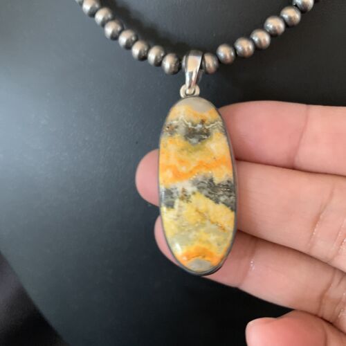 Navajo Yellow Bumblebee Jasper Pendant Necklace | Sterling Silver | Authentic Native American Handmade | 12810