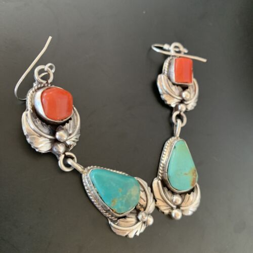 Navajo Green Royston Turquoise Red Coral Dangle Earrings | Sterling Silver | Authentic Native American Handmade | 2054