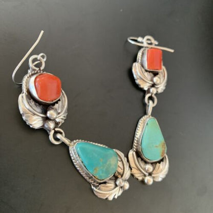 Navajo Green Royston Turquoise Red Coral Dangle Earrings | Sterling Silver | Authentic Native American Handmade | 2054