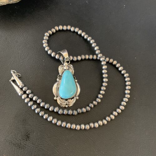 Men's Navajo Pearls Necklace with Blue Kingman Turquoise Pendant | Sterling Silver | Native American Handmade | 12592