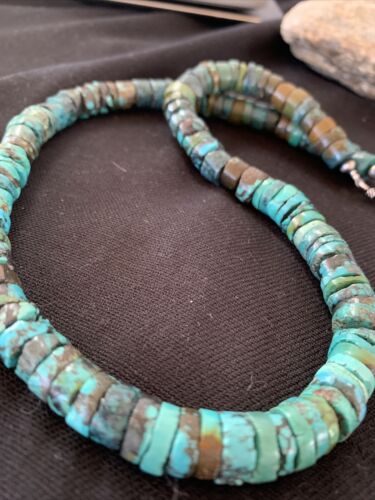Native American Blue Green Turquoise Heishi Necklace | 9mm | Sterling Silver | 20" | 876 - Masha USA