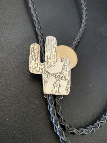 Navajo Howling Coyote Moon Bolo Tie | Sterling Silver | Authentic Native American Handmade | 12147