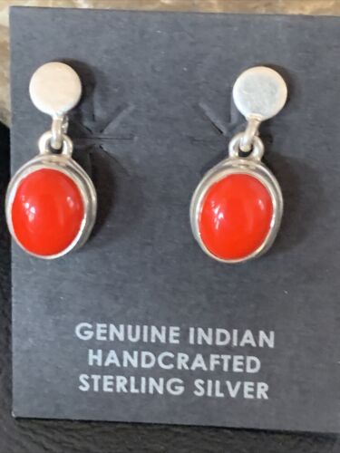 Native American Navajo Red Coral Dangle Earrings | Sterling Silver | 1" | 13114 - Masha USA