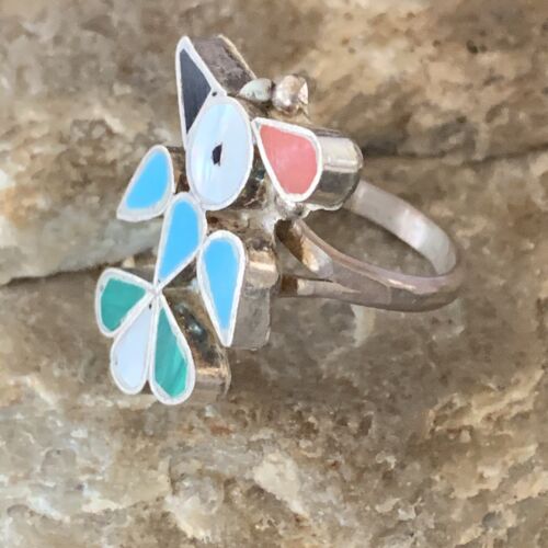 Zuni Peyote Bird Ring | Sterling Silver Coral Turquoise Onyx Mother of Pearl Inlay | Sz 5 | 10213