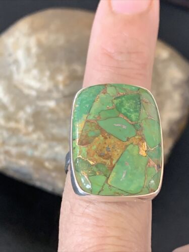 Adjustable Navajo Green Mojave Turquoise Ring | Sterling Silver | Sz 8 | Authentic Native American Handmade | 11785