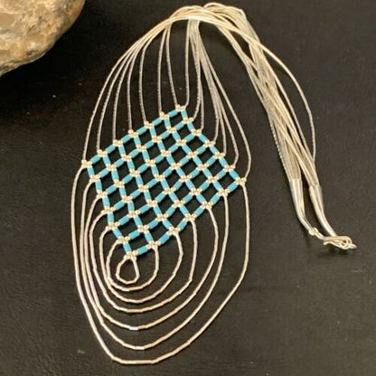 Navajo Blue Turquoise Liquid Heishi Necklace | 7 Strand Sterling Tubes | 18" | Authentic Native American | 12626