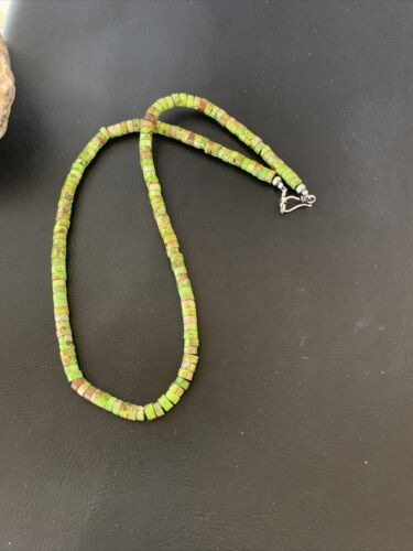 Navajo Green Gaspeite Heishi Necklace | 7mm | Sterling Silver | Authentic Native American Handmade | 20" | 01762