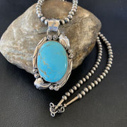 Navajo Pearl Blue Kingman Turquoise Necklace Pendant | Sterling Silver | Authentic Native American Handmade | 12287