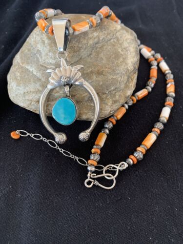 Sterling Blue Turquoise Naja Pendant | Navajo Pearls Spiny Oyster Necklace | Southwestern | 00262