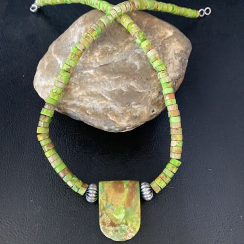 Navajo Green Gaspeite Turquoise Pendant | Sterling Silver | Authentic Native American Handmade | 13914 - Masha USA