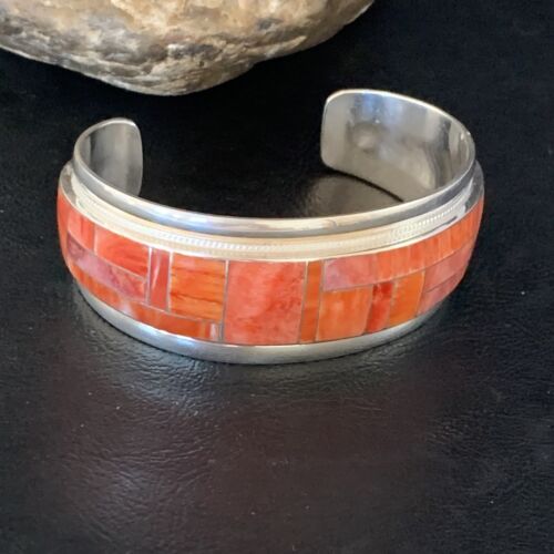 Navajo Red Spiny Oyster Cuff Inlay Bracelet | Sterling Silver | Authentic Native American Handmade | 13659